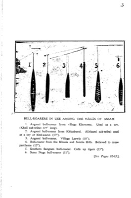 Six Assam-hills bull-roarers as figured by S. C. Roy in 1928: Angami examples from Khonoma and Khizabarui, an Angami piece from Larwie, a...