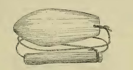 White's drawing of the Zia háomomo complete rig: the seven-inch thunder blade, its three-foot cord, and the wooden whirling handle.