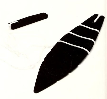 Baleen wolf scarer bound with white cord, beside its cord-wrapped handle, Point Hope, Alaska.