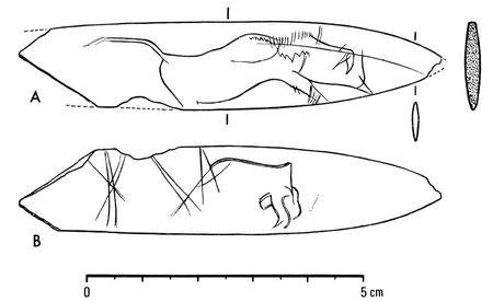 Drawings of both faces of a thin bone blade, each engraved with the silhouette of a bison, with section and scale.