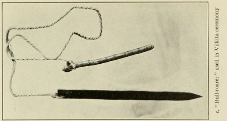 Papago Viikita bullroarer: dark blade, twisted cord and stick handle.
