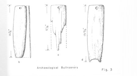 Drawing of three archaeological bullroarers from Hurricane Deck, each pierced near the top; one is a broken fragment, and one has a notched edge.