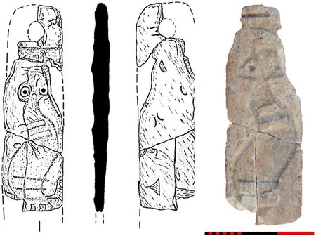 Boncuklu Tarla bone plaque incised with a snake above a band and bored with one hole, drawn front, edge and back beside a photograph.