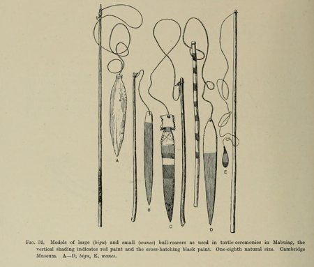 Haddon’s plate of five Mabuiag bull-roarer models—four large bigu and one small wanes—with their cords.