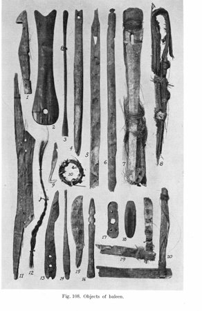 Period photographic plate of twenty numbered baleen objects: strips, winders, a coil and a whale-shaped blade.