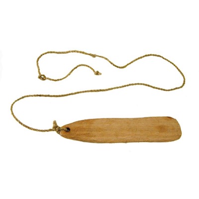 Small pale wooden slat, rounded at one end, with a long twisted cord knotted through a hole at the other end.