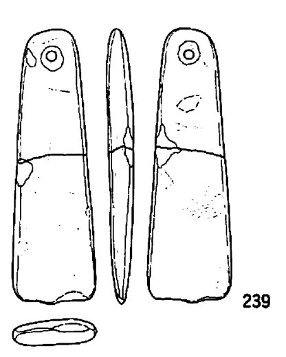 Nakano B no.239 perforated polished stone pendant (= Aomori Kiyou 30 Fig. 7 no.2), three views with lens-thin section — 有孔石斧 set lead