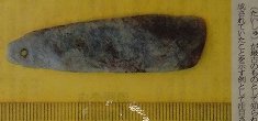 Heiwa site stone-axe-shaped soft-jade pendant with scale — newspaper photograph (only published photo)