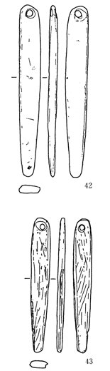 Kurawa site hera-shaped rod-pendants nos. 42–43, three views each — 箆状垂飾