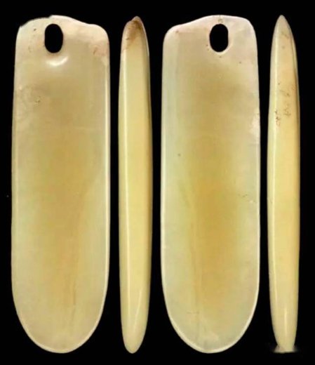Xinglongwa House 201 jade bi-shaped blade (匕形器) — front, back and lenticular side profiles