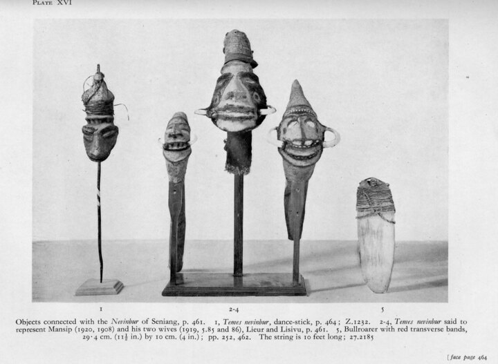 Seniang Nivivbur bullroarer, Deacon Plate XVI item 5, at far right. The entire plate image and caption are shown.