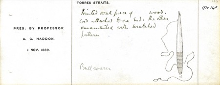 A Torres Strait register-card sketch, presented by A. C. Haddon in 1889, of a pointed oval bull-roarer with cord fixed at one end and a...