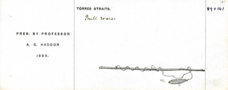A Torres Strait register-card sketch of an unusual form — a long jointed rod, its cord zigzagging loosely down the shaft to a small oval blade...