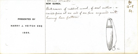 The British Museum's 1889 register card for a Torres Strait bull-roarer of reddish wood, oval in outline, with a raised panel at one end...