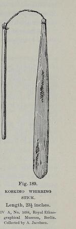 The Koskimo whirring stick Boas figured: a tapering 23½-inch blade on cord and handle (Berlin IV A 1488).