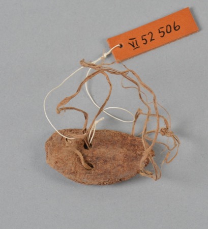 An Eipo bull-roarer of the same small, weathered form, its twisted cords threaded through a pierced hole; not the Kai Ngosa documented here.