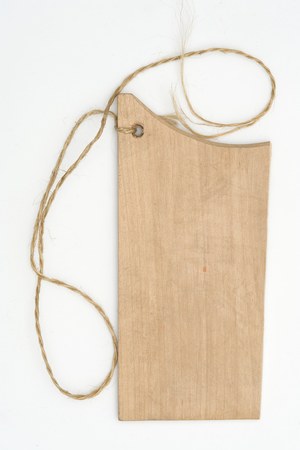 The seäntikku itself — a plain pale board with one curved shoulder, a coarse two-ply cord looping generously from the hole drilled at its corner.