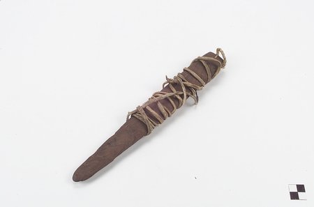 Comcaac (Seri) bullroarer, wood and hide, Isla Tiburon, collected by Edward H. Davis in 1924.