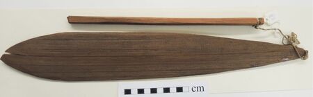 Nuu-chah-nulth bullroarer: a long split-tipped blade with cord and tapered handle (RBCM 16921).