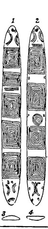 Plate 9, figs. 1-4: two faces and cross-sections of a bull-roarer of the Oscar Ranges, Kimberley district, Western Australia (length c. 22 in.).