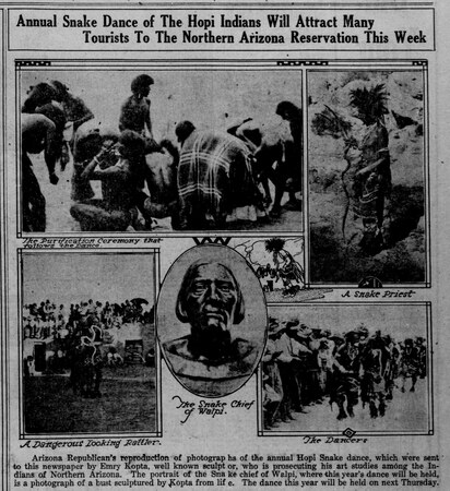 A 1921 newspaper feature announcing that year’s Walpi Snake Dance: four ritual photographs supplied by the sculptor Emery Kopta, with his bust...