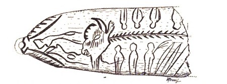 Breuil’s drawing of the engraved face: a bison head with forelegs, and files of human figures either side.