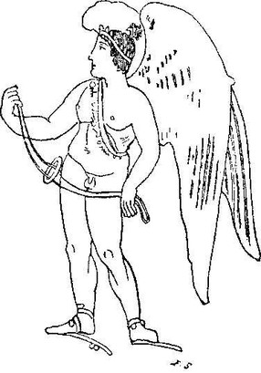 Engraved figure labelled with eros and a rhombos-like instrument on a cord.