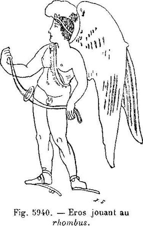 Line engraving of a winged Eros holding a looped cord pulled taut between his two hands, with a small object slung in the middle.
