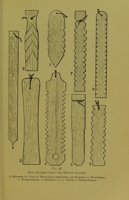 Haddon's full plate of bull-roarers from the British Islands; the Hemsby buzzer is no. 8, among companions from Ballycastle to Balham.