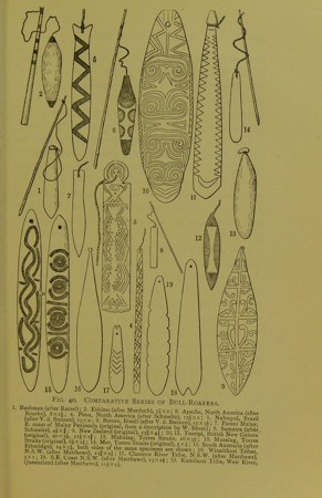 Haddon's Figure 40, 'Comparative Series of Bull-Roarers': no. 1, at upper left, is the Bushman (San) bullroarer after Ratzel, a narrow tapering...