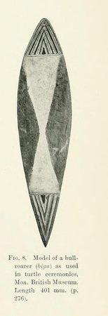 Haddon's illustration of a model bigu, chevron-banded at each end around a pale waisted body — the type made on Moa, where a thinner,...