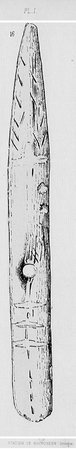 Plate I, no. 16 from Hardy's 1891 report on the Raymonden excavation at Chancelade: an elongated bone blade tapering to a point, engraved with...