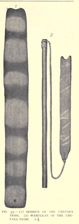 Howitt's fig. 35: the Chepara tribe's bribbun (1), a long lobed bull-roarer shown at half scale, beside the smaller wabulkan (2) on its rod...