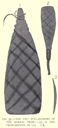 Howitt's engraving of the two Kurnai bull-roarers.
