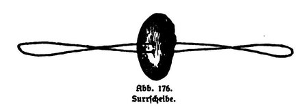 Krause's drawing of the Karajá Surrscheibe: an oval disc threaded at its center on a long looped cord.