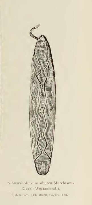 Berlin VI 10488, a human-hair-corded bullroarer from the Upper Murchison River, reproduced by rubbing the original on Japanese paper. It is a...