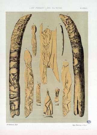 Engraved bone and antler pieces from the Lortet cave assemblage, plated by Édouard Piette in 1907; the six fragmentary bone bramaderas from the...