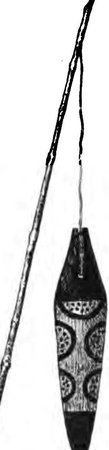A nineteenth-century drawing of a Bororo bullroarer, its waisted blade decorated with dotted ovals, hanging by its cord from a long stick.