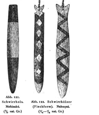 Engravings of three Upper Xingu bull-roarers: a plain banded Mehinaku blade and two fish-form Nahuqua blades, one with diamond marks and one with a zigzag band.