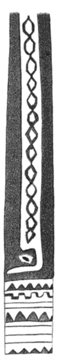 Finsch's fig. 6 'Grager' blade: a diamond-lattice band over chevrons — corrected in 1893 to the Djabobibi.