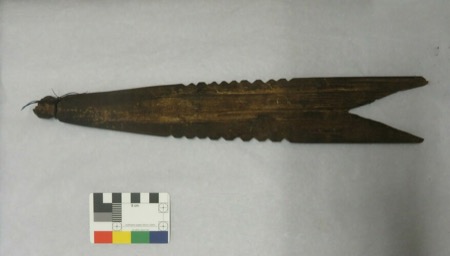 A wood blade with a forked tail at its wide end and serrated sides — again a generic type, not the Santal bull-roarer from a Monghyr village...