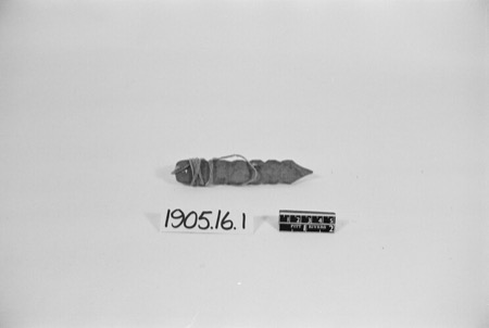 An English bull-roarer from Bristol in the Pitt Rivers Museum — the label card in the photograph shows the museum's superseded number...