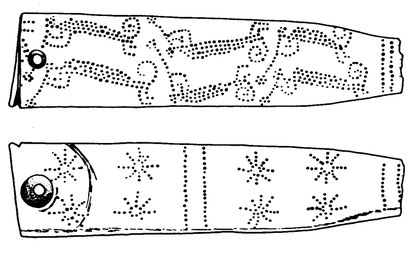 Line drawing of two faces of a tapering bone strip with a round hole at the left end; one face shows dotted monkey figures, the other dotted starbursts between dotted bands.