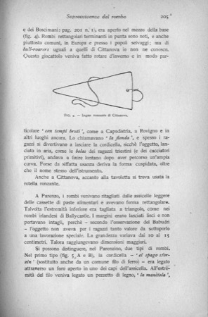 Cittanova children's la fionda, a triangular wooden bullroarer about 25 cm long; the entire page and caption are shown.