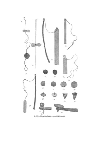 Four Gocsej and Hetes children's bugato rigs, Gonczi 1914, figs. 18–21; the outer figures preserve the complete whip-mounted form. Regional...