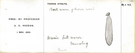 British Museum card for Oc,89+.142, the oval blade that may be Haddon's Muralug waness.