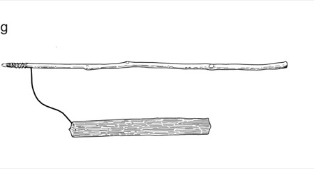 Apinaye bullroarer GM-31.40.266 as a complete handstick, cord, and narrow wooden blade.