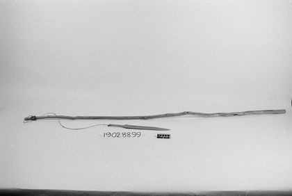 The whole Pattani rig: a sword-shaped blade barely a hand long, corded to a stick that runs past a metre (PRM 1902.88.99).