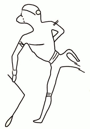 The Brandberg running figure with its dangling implement, redrawn on the 1973–74 cover of African Music.