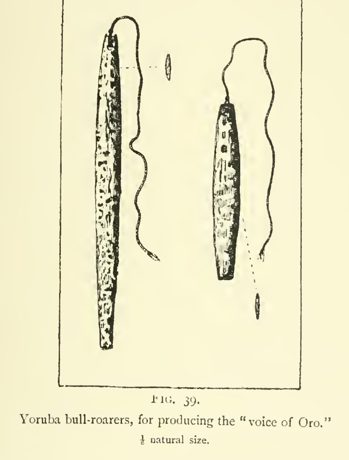 Two Yoruba Oro bull-roarers, mottled wooden blades on long cords, as engraved by Haddon in 1898; the toy bull-roarer that a Masakin girl of the...